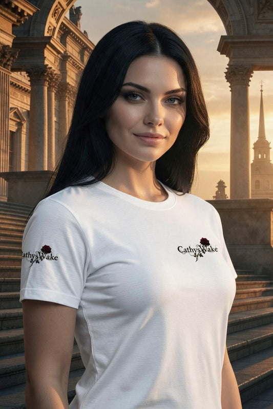 CathysWake White Collection Graphic T-Shirt - Premium Dark Rose Design