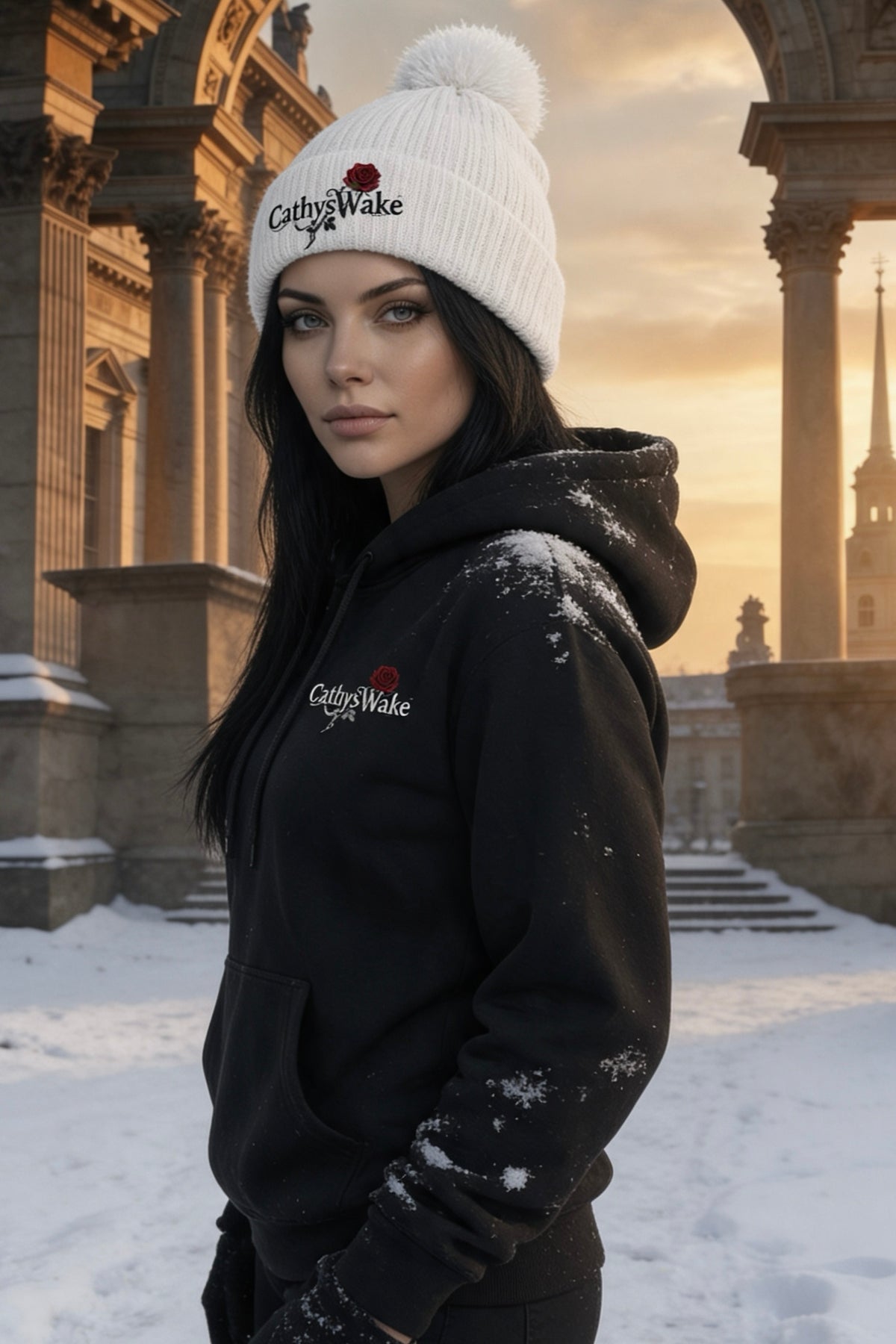 CathysWake White Collection Beanie – Premium Dark Rose Embroidered Knit Hat