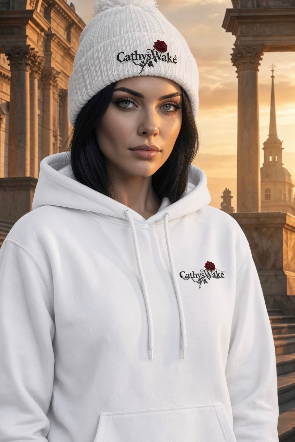 CathysWake White Collection Hoodie – Premium Dark Rose Graphic Pullover