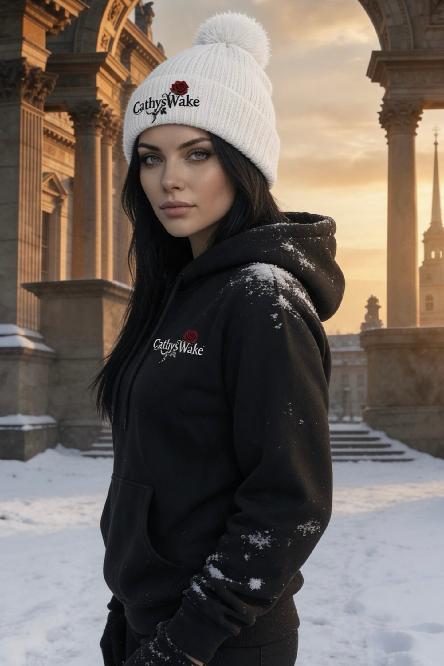 CathysWake White Collection Beanie – Premium Dark Rose Embroidered Knit Hat